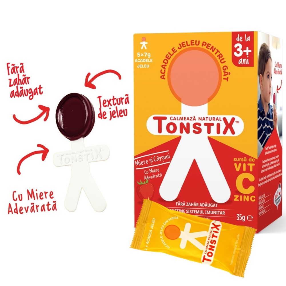 Acadele tip jeleu cu miere si aroma de capsuni Tonstix, 5 x 7 g, Pharmaexcell