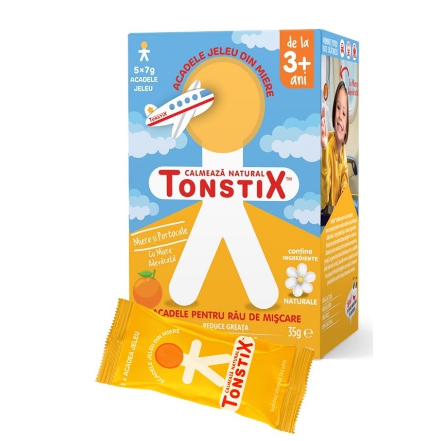 Acadele jeleu pentru rau de miscare cu miere si aroma de portocale Tonstix, 5 x 7 g, Pharmaexcell