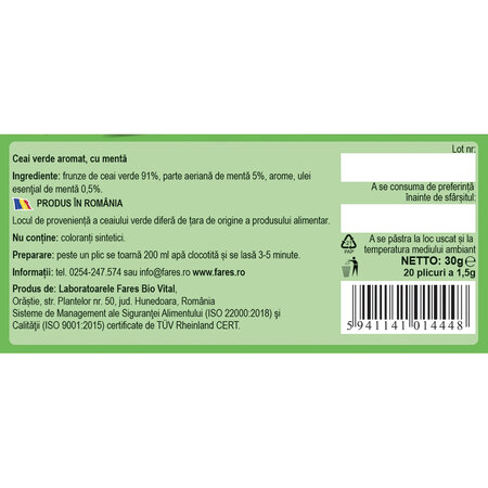 Ceai verde cu menta, 20 plicuri, Fares  623939