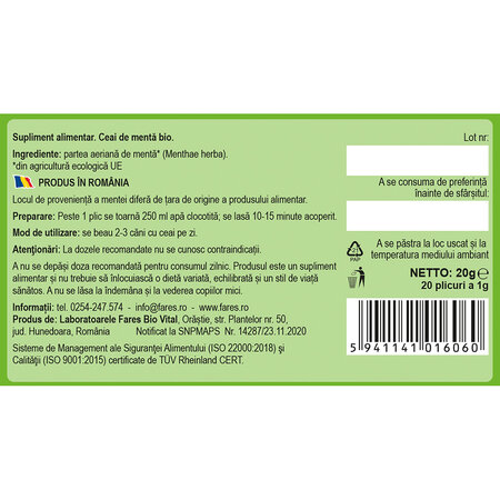 Ceai Bio de menta, 20 plicuri, Fares 701377