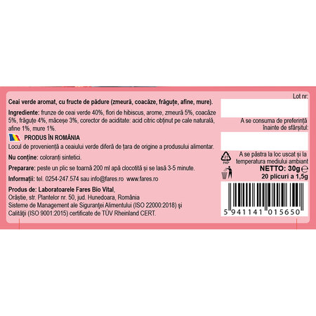 Ceai verde cu fructe de padure, 20 plicuri, Fares 701277
