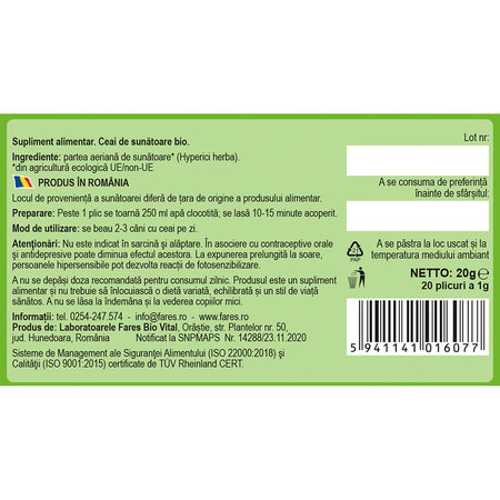 Ceai de sunatoare Bio N167, 20 plicuri, Fares 701467