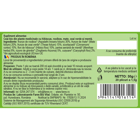 Ceai Bio Energie, 20 plicuri, Fares 701691