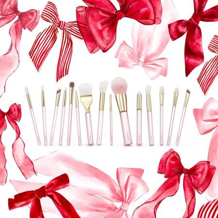 Set pensule profesionale pentru make-up cu pouch roz Angel's Pink Glow, 15 pensule, Cucuta Beaty 641649