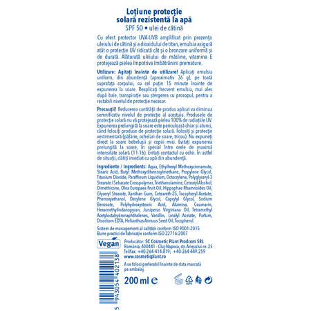 Emulsie de plaja rezistenta la apa cu ulei de catina si SPF 50, 200 ml, Cosmetic Plant 712165