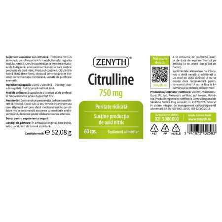 Citrulline, 750 mg, 60 capsule, Zenyth 702961