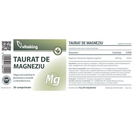 Taurat de Magneziu, 30 comprimate, Vitaking 713860