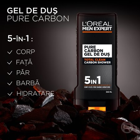 Gel de dus pentru barbati 5-in-1 Pure Carbon Men Expert, 300 ml, LOreal 756810