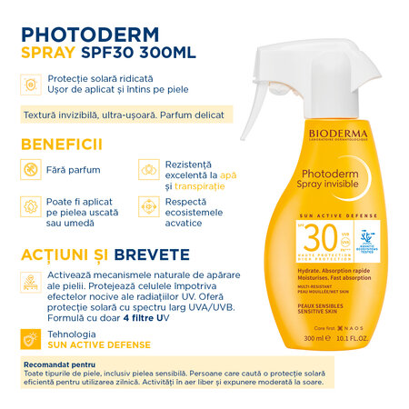 Spray invizibil pentru protectie solara SPF30 Photoderm, 300 ml, Bioderma 738771
