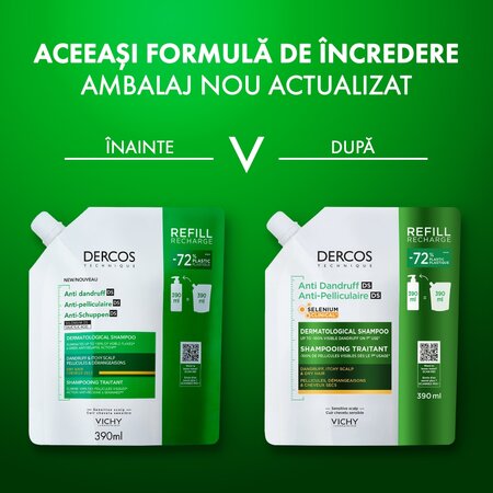 Rezerva sampon antimatreata pentru par uscat si scalp cu senzatie de mancarime Dercos, 390 ml, Vichy 747996
