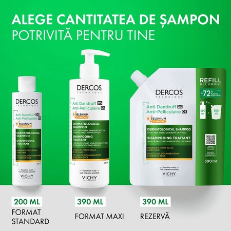 Rezerva sampon antimatreata pentru par uscat si scalp cu senzatie de mancarime Dercos, 390 ml, Vichy 748003
