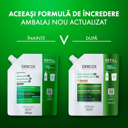 Rezerva sampon antimatreata pentru par normal spre gras si scalp cu senzatie de mancarime Dercos, 390 ml, Vichy 748057