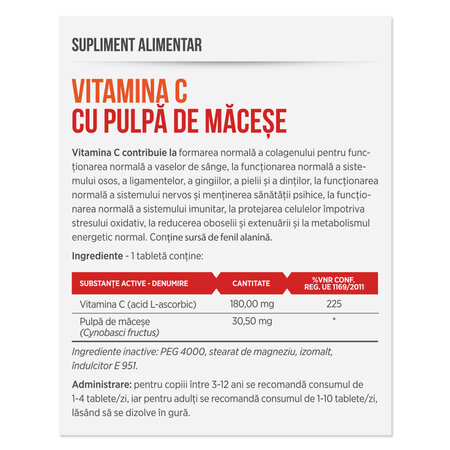 Vitamina C cu pulpa de macese, 30 tablete, Parapharm 690494