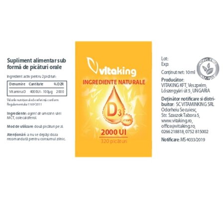 Vitamina D3 natural picaturi, 2000 UI, 10 ml, Vitaking 706047