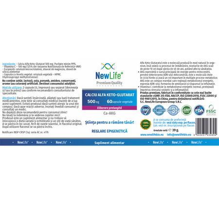 Calciu Alfa Keto-Glutarat, 500 mg, 60 capsule vegetale, Newlife+ 700137