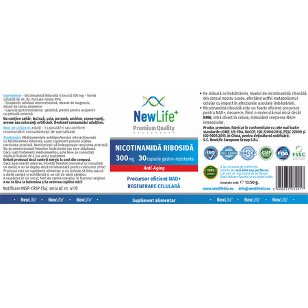 Nicotinamida Ribosida, 300 mg, 30 capsule gastrorezistente, Newlife+ 700365