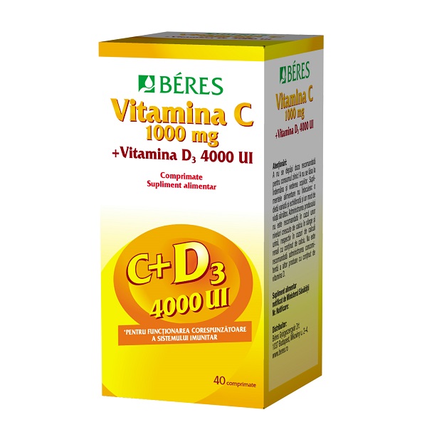 Vitamina C 1000mg + Vitamina D3 4000 UI, 40 comprimate, 40 comprimate, Beres Pharmaceuticals