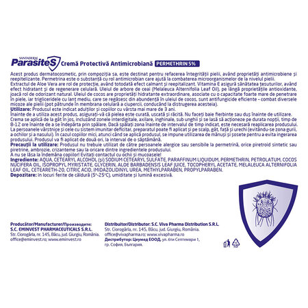 Crema protectiva antimicrobiana cu Permetrina 5% Parasites Santaderm, 50 ml, Viva Pharma 715466