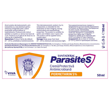 Crema protectiva antimicrobiana cu Permetrina 5% Parasites Santaderm, 50 ml, Viva Pharma 715467