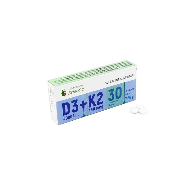 Vitamina D3 (4000 U.I.) + Vitamina K2 (150 mcg), 30 capsule, Remedia