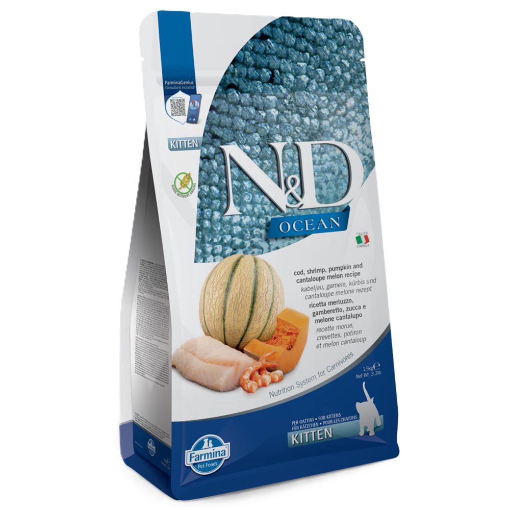 Hrana uscata cu cod, creveti, dovleac si pepene galben pentru pisici N&D Ocean, 1500 g, Farmina