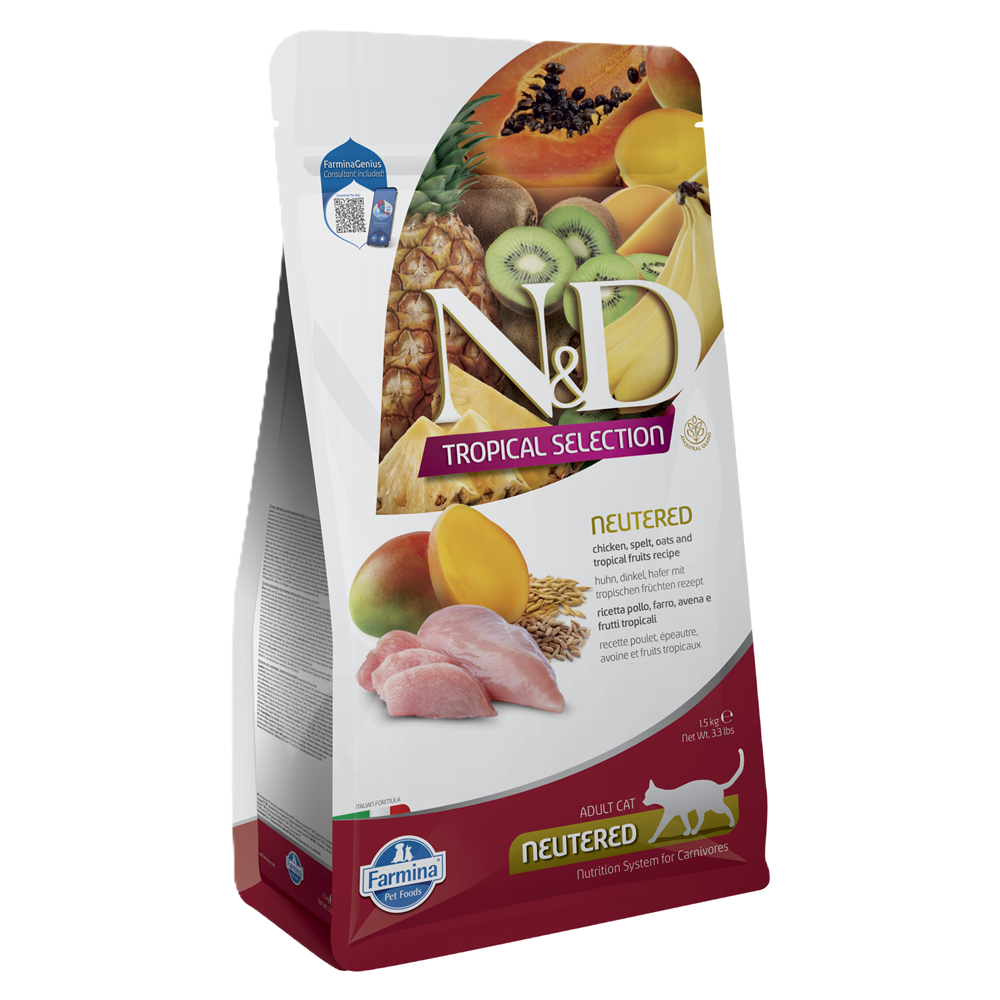 Hrana uscata cu pui, alac, ovaz si fructe tropicale pentru pisici adulte sterilizate Tropical Selection Adult Cat Neutered N&D, 1.5 kg, Farmina