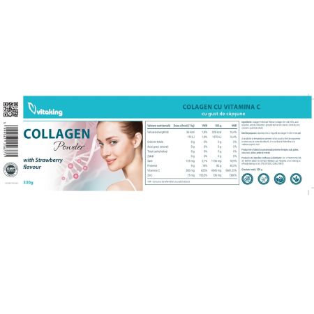 Pudra de colagen cu vitamina C si aroma de capsuni, 330 g, Vitaking 706307
