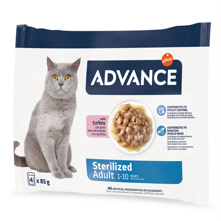 Hrana umeda cu curcan pentru pisici adulte sterilizate, 4x85 g, Advance Veterinary Diets 658610