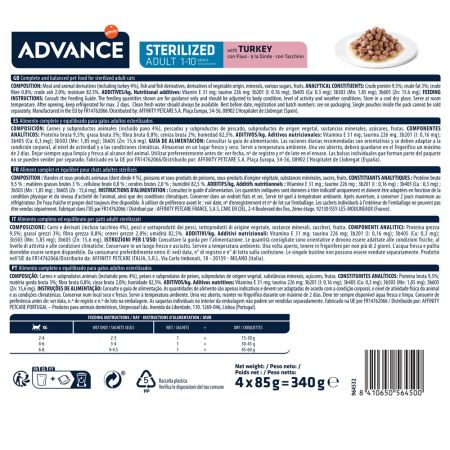 Hrana umeda cu curcan pentru pisici adulte sterilizate, 4x85 g, Advance Veterinary Diets 658611