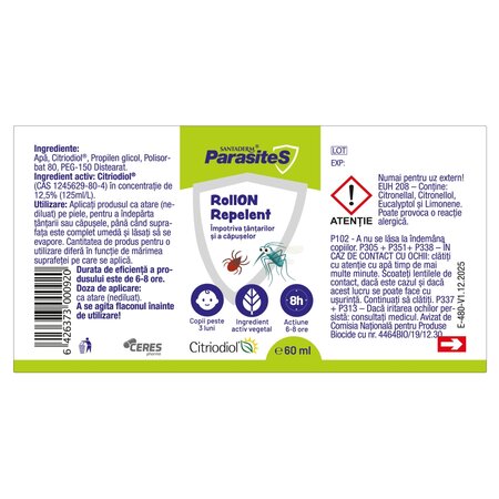 Roll-on repelent impotriva tantarilor si capuselor Parasites Santaderm, 60 ml, Viva Pharma 741297
