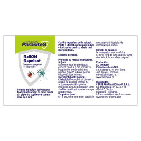 Roll-on repelent impotriva tantarilor si capuselor Parasites Santaderm, 60 ml, Viva Pharma 741298