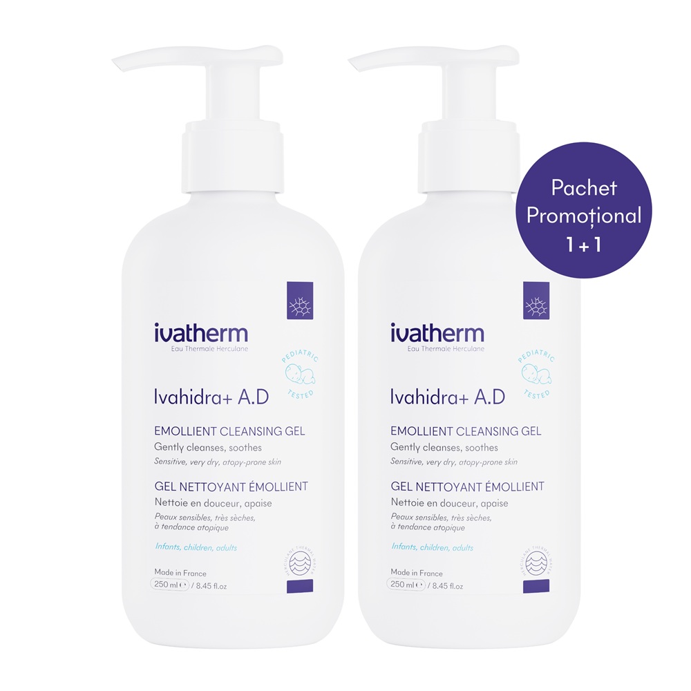 Pachet Gel de spalare emolient cu efect calmant Ivahidra+ A.D, 2 x 250 ml, Ivatherm