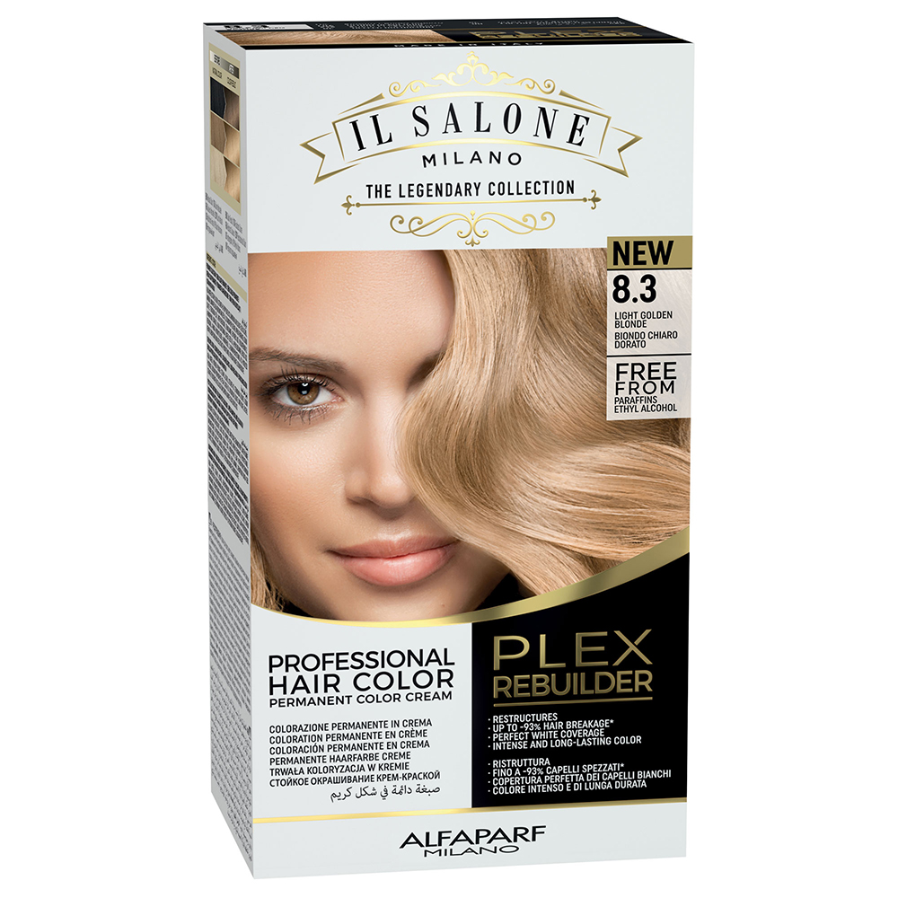 Vopsea de par permanenta 8.3 Light Golden Blonde Plex Rebuilder Il Salone, 43 ml+70 ml+15 ml+15 ml, Alfaparf