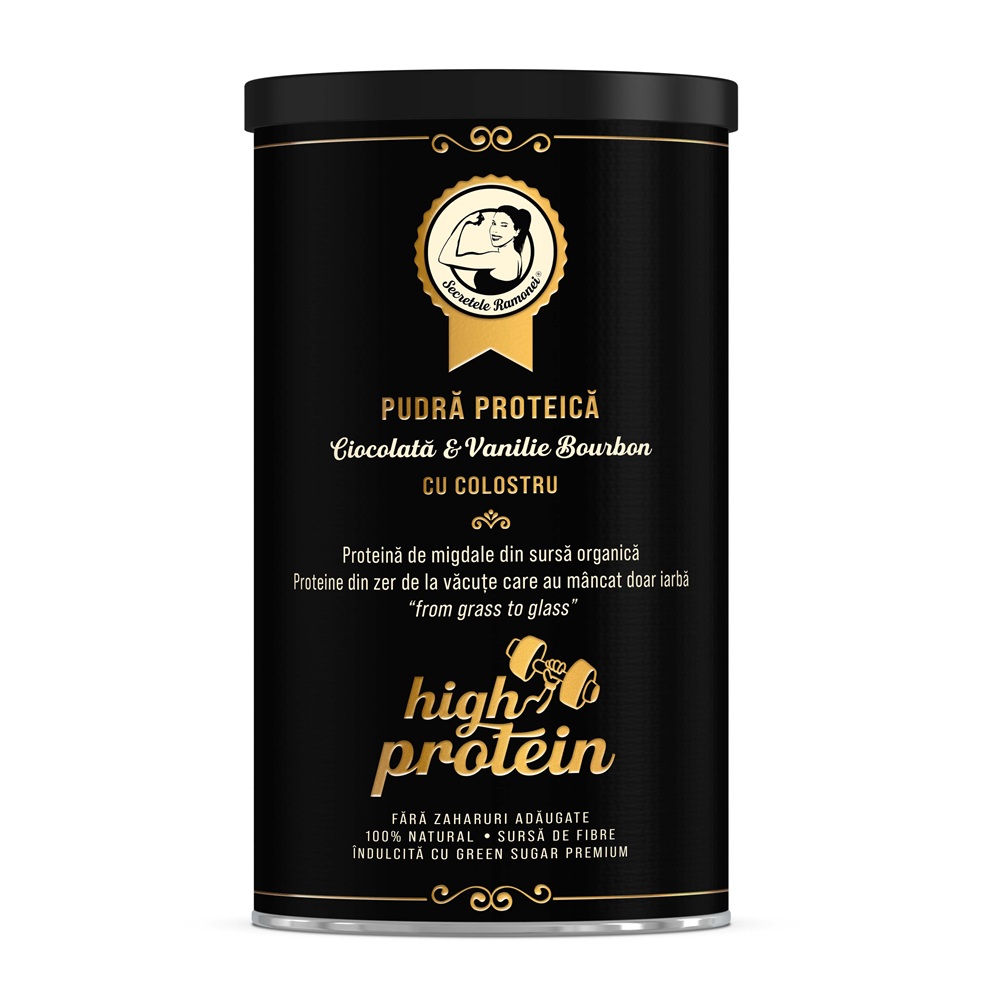 Pudra proteica cu colostrum, ciocolata si vanilie bourbon Secretele Ramonei, 500 g, Laboratoarele Remedia
