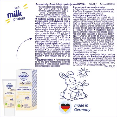 Crema de fata pentru copii cu protectie solara SPF50+, 30 ml, Sanosan 737618