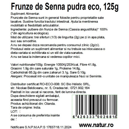 Pudra din frunze de senna, 125 g, Obio 737147