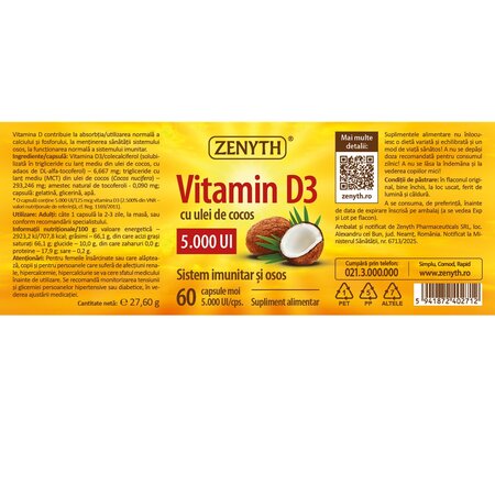 Vitamina D3 cu ulei de cocos, 5000 UI, 60 capsule, Zenyth 702564