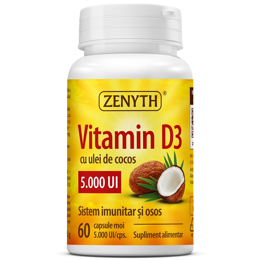 Vitamina D3 cu ulei de cocos, 5000UI, 60 capsule, Zenyth