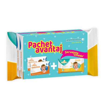 Pachet Happy Drink Alinan, 2 x 12 plicuri, + Servetele umede Alinan Happy, 56 bucati, Fiterman 