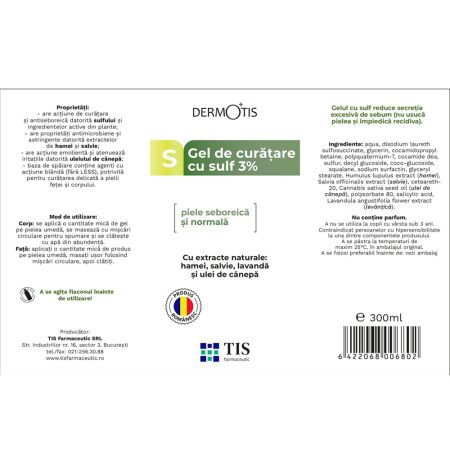 Gel de curatare pentru fata si corp cu sulf Dermotis, 3%, 300 ml, Tis Farmaceutic 651141
