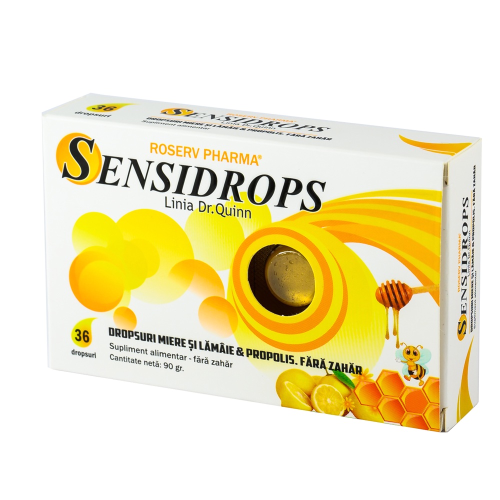 Sensidrops cu miere, lamaie si propolis, 36 dropsuri, Linia Dr.Quinn