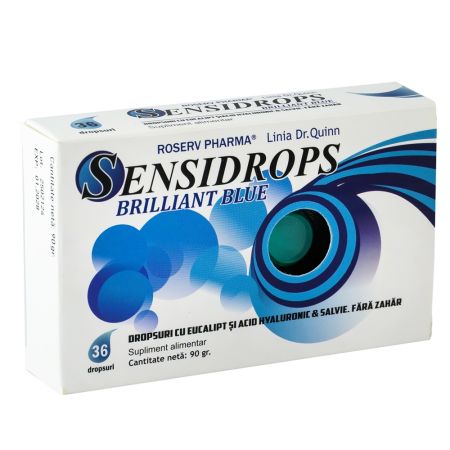 Sensidrops cu eucalipt, acid hialuronic si salvie Briliant Blue, 36 dropsuri, Linia Dr.Quinn 651161