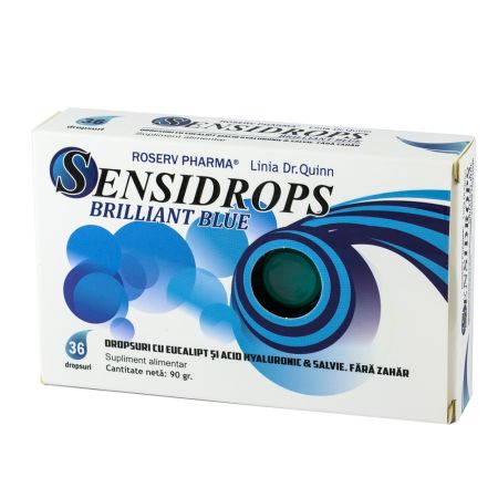 Sensidrops cu eucalipt, acid hialuronic si salvie Briliant Blue, 36 dropsuri, Linia Dr.Quinn