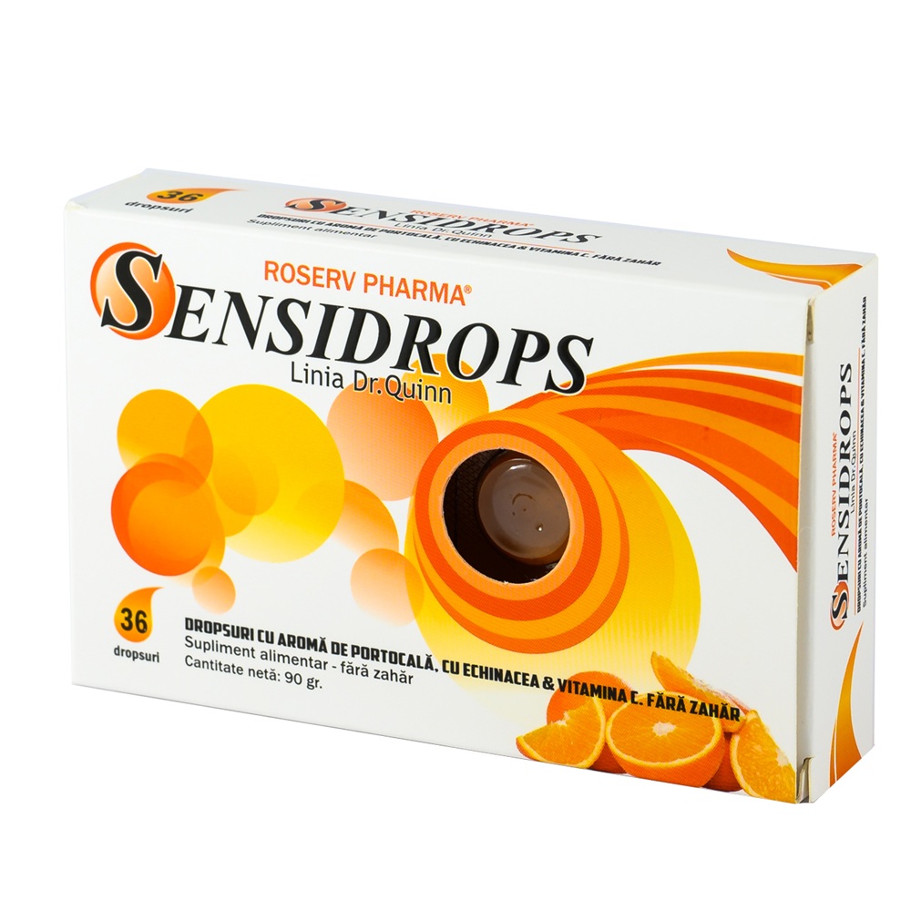 Sensidrops cu aroma de portocala, echinaceaa si vitamina C, 36 dropsuri, Linia Dr.Quinn