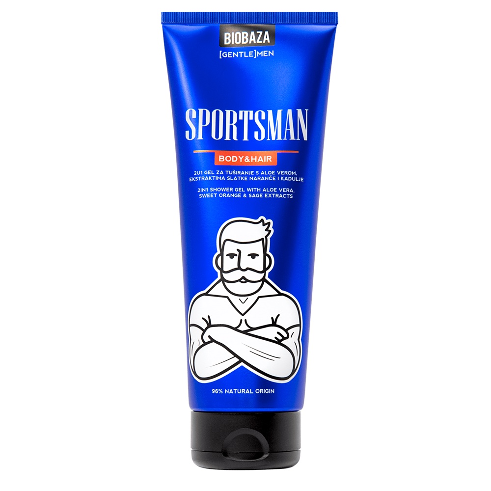 Sampon si gel de dus pentru barbati 2 in 1, cu aloe vera si extract de portocala dulce si salvie Sportsman, 220 ml, Biobaza
