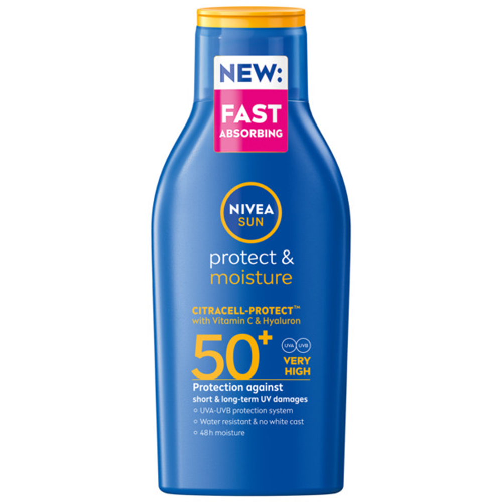 Lotiune hidratanta mini cu protectie solara SPF50+ Protect & Moisture, 100 ml, Nivea Sun