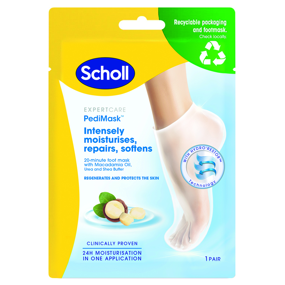 Sosete tip masca pentru picioare cu ulei de macadamia, uree si unt de shea Foot Mask Intensive Treatment, 1 pereche, Scholl