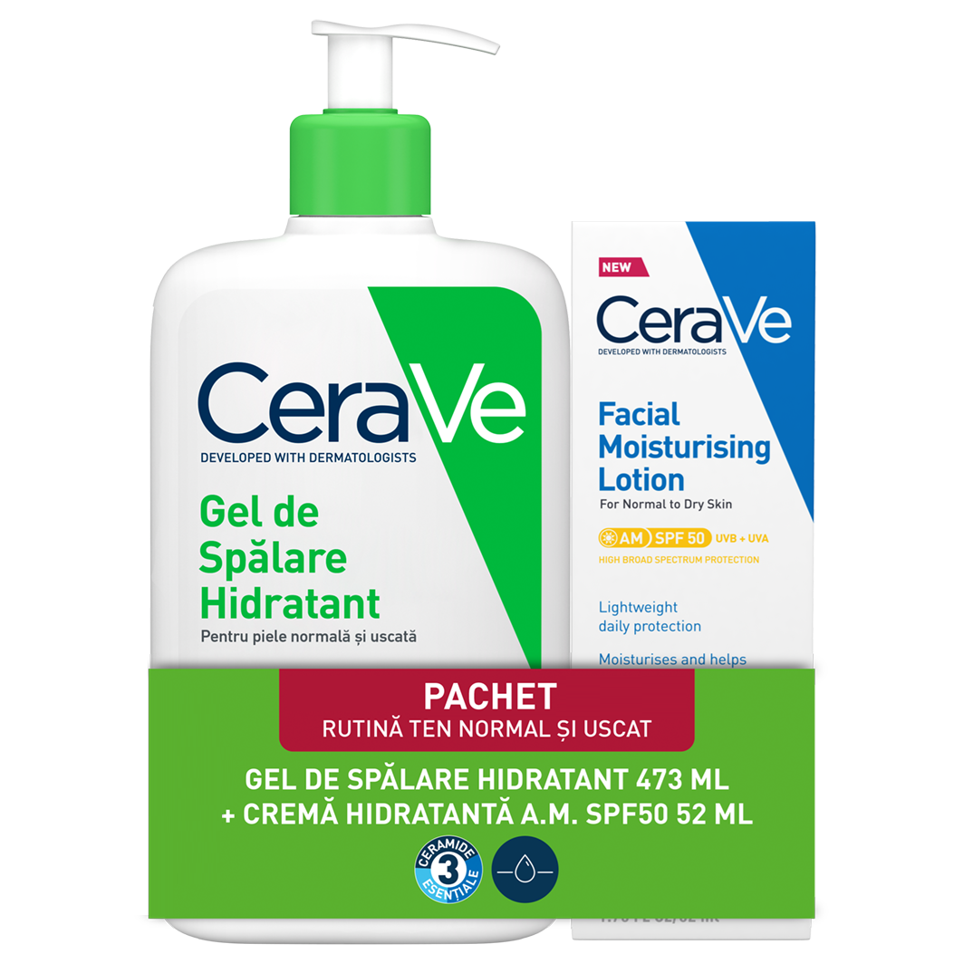 Pachet Gel de spalare hidratant, 473 ml + Crema hidratanta pentru fata cu SPF 50, 52 ml, CeraVe