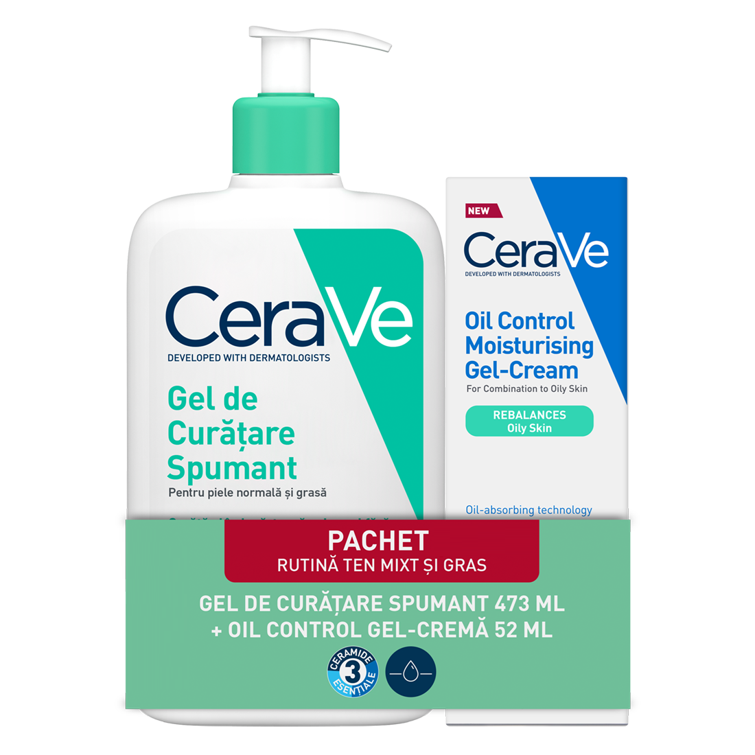 Pachet Gel spumant de curatare, 473 ml + Gel-crema cu efect hidratant, 52 ml, CeraVe