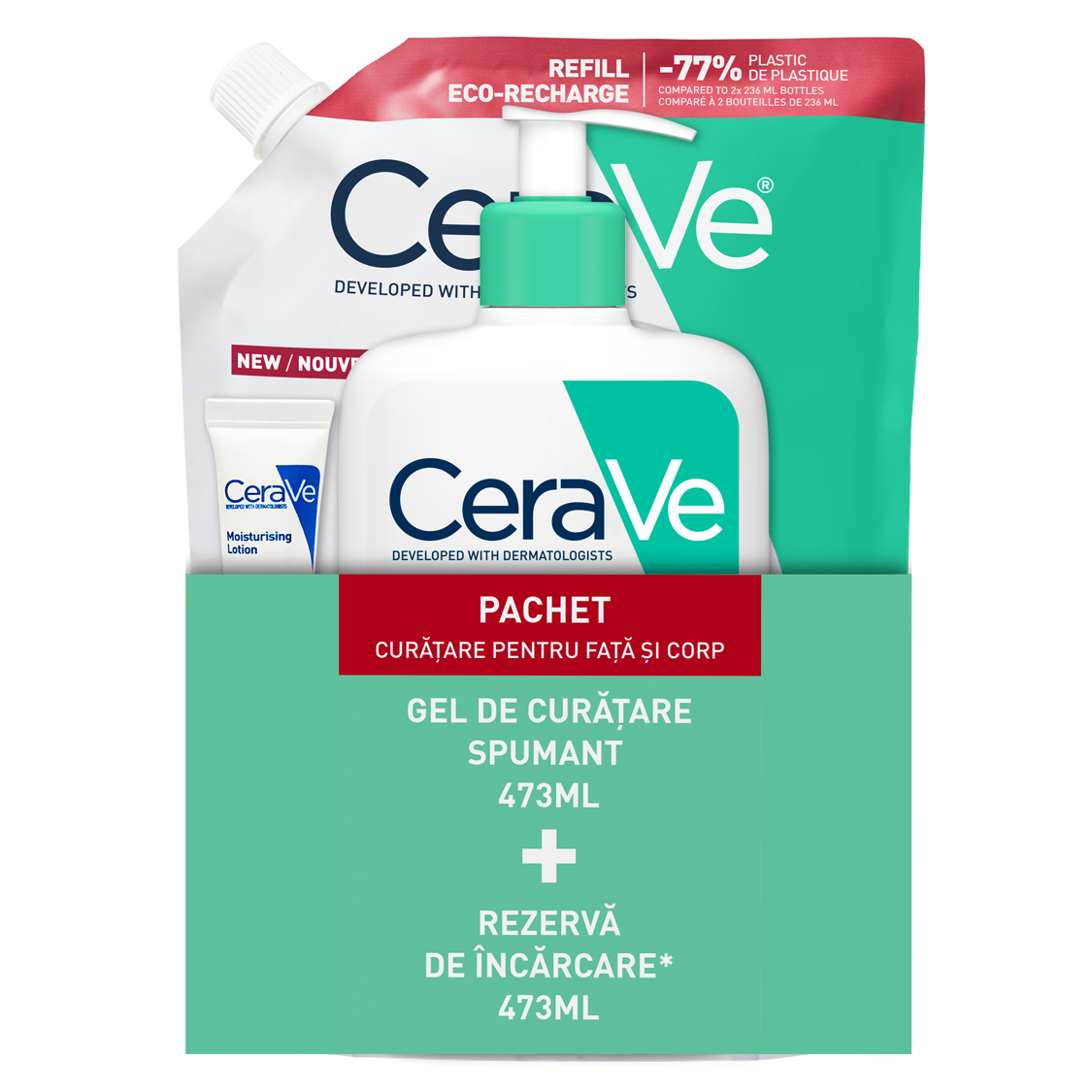 Pachet Gel spumant de curatare, 473 ml + Refill Gel spumant de curatare, 473 ml, CeraVe
